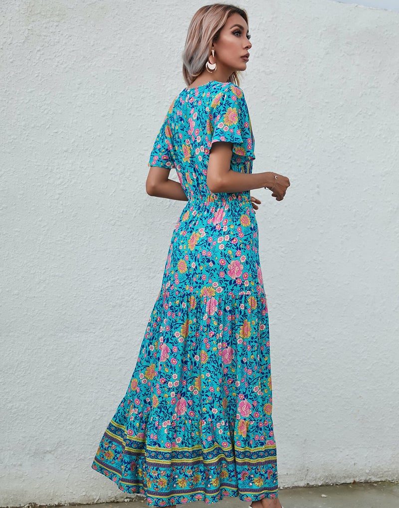 R.Vivimos Womens Summer Floral Print Cotton Short Sleeve Flowy Dress (XL, Green) - Image 2